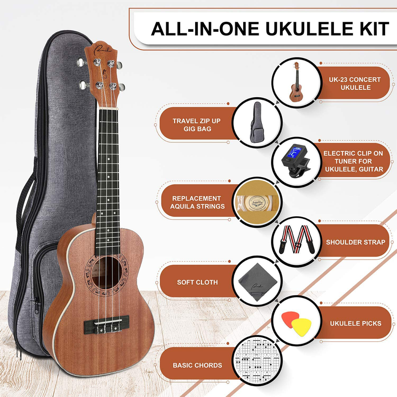 Ranch Concert Ukulele 23 inch Professional Wooden Ukelele Kit with Free Online Lessons, Gig Bag, Tuner, Strap, Aquila Strings Set, Small Starter Hawaiian Guitar Instrument Bundle, Ukalalee