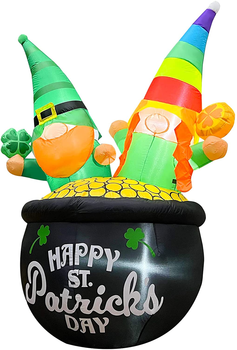 SEASONBLOW 6 Ft LED Light up Inflatable St. Patrick'S Day Gnomes Couple with Shamrock Sitting in Gold Pot Decoration for Home Yard Lawn Garden Indoor Outdoor