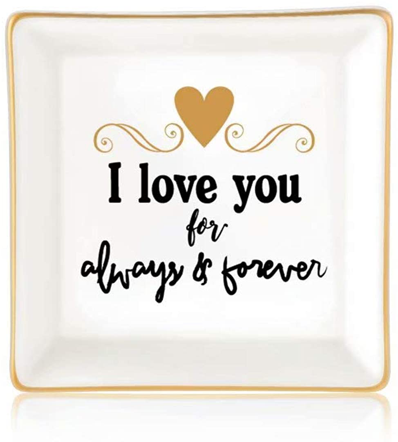 Gifts for Women Girls, Ceramic Ring Dish Decorative Trinket Plate Initial Jewelry Tray Dish, Mothers Day Valentines Gifts for Her Grandma Mom Daughter Sister Friend Birthday Home & Garden > Decor > Decorative Trays Giftjews I love you for always & forever  