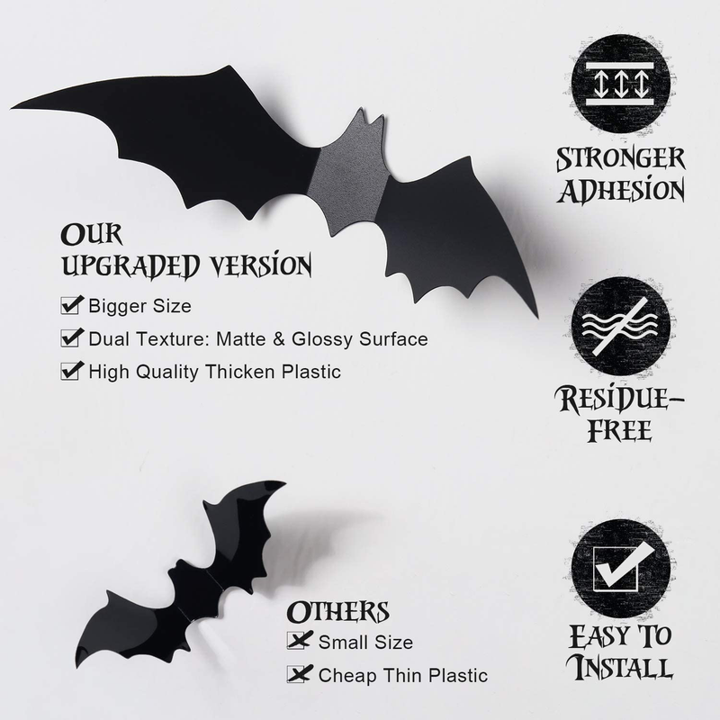 Coogam 60PCS Halloween 3D Bats Decoration 2021 Upgraded, 4 Different Sizes Realistic PVC Scary Black Bat Sticker for Home Decor DIY Wall Decal Bathroom Indoor Hallowmas Party Supplies Arts & Entertainment > Party & Celebration > Party Supplies Coogam   