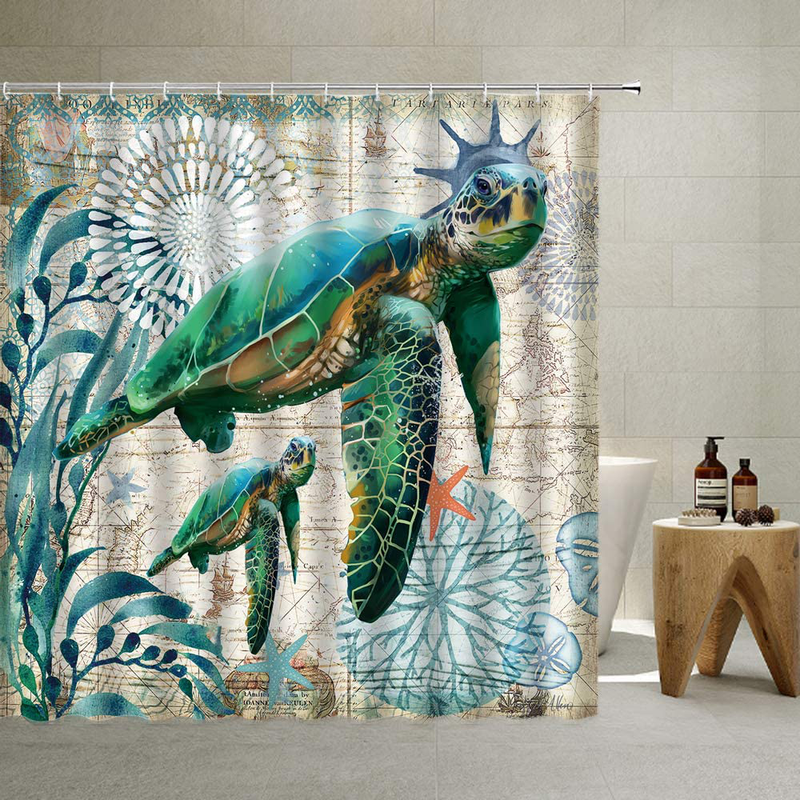 Nautical Biological Theme Shower Curtain Blue Ocean Sea Turtles Octopus Seahorse Beach Coral Reef Vintage Nautical Map Christmas New Year Decoration Bathroom Curtain with Hooks , Teal,70 X 70 Inch Home & Garden > Decor > Seasonal & Holiday Decorations& Garden > Decor > Seasonal & Holiday Decorations QYVLHD Blue Green 59 X 71 Inch 