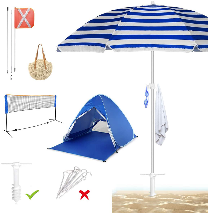 DricRoda Beach Umbrella Sand Anchor with Hanging Hook, Outdoor Heavy Duty Sun Shade Umbrella Holder, Auger Screw Design, Sturdy and Adjustable to Fit, Safe Stand for Strong Winds, White Home & Garden > Lawn & Garden > Outdoor Living > Outdoor Umbrella & Sunshade Accessories DricRoda   