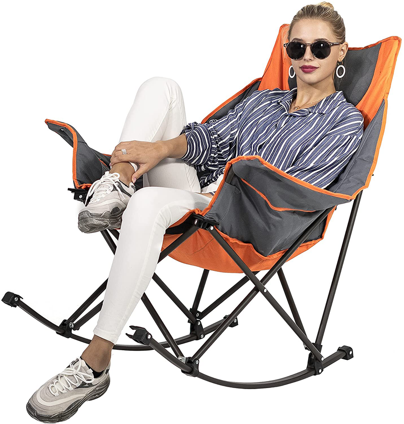 Sunnyfeel Camping Rocking Chair, Oversized Folding Rocking Chairs with Luxury Padded Recliner & Pocket,Carry Bag, 300 LBS Heavy Duty for Lawn/Outdoor/Picnic/Patio, Portable Rocker Camp Chair (Green) Sporting Goods > Outdoor Recreation > Camping & Hiking > Camp Furniture SUNNYFEEL Orange  