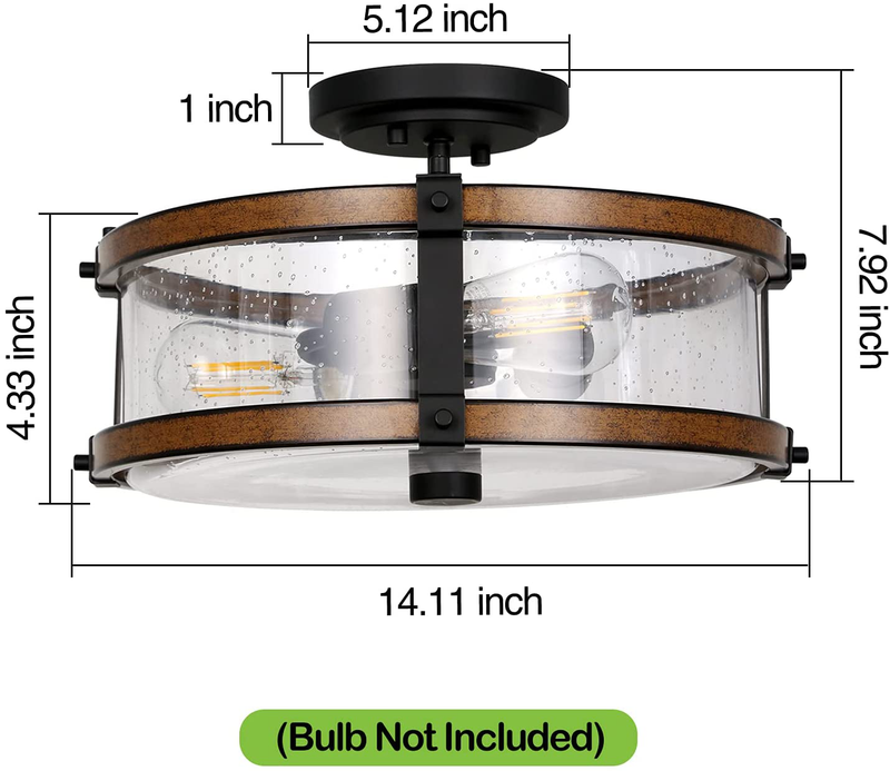 Hykolity 3 Light Close to Ceiling Light, Industrial Semi Flush Mount Light Fixture W/ Bubble Glass Lampshade, Black & Faux Wood Metal, for Entry,Hallway, Bedroom (Bulb Not Included)