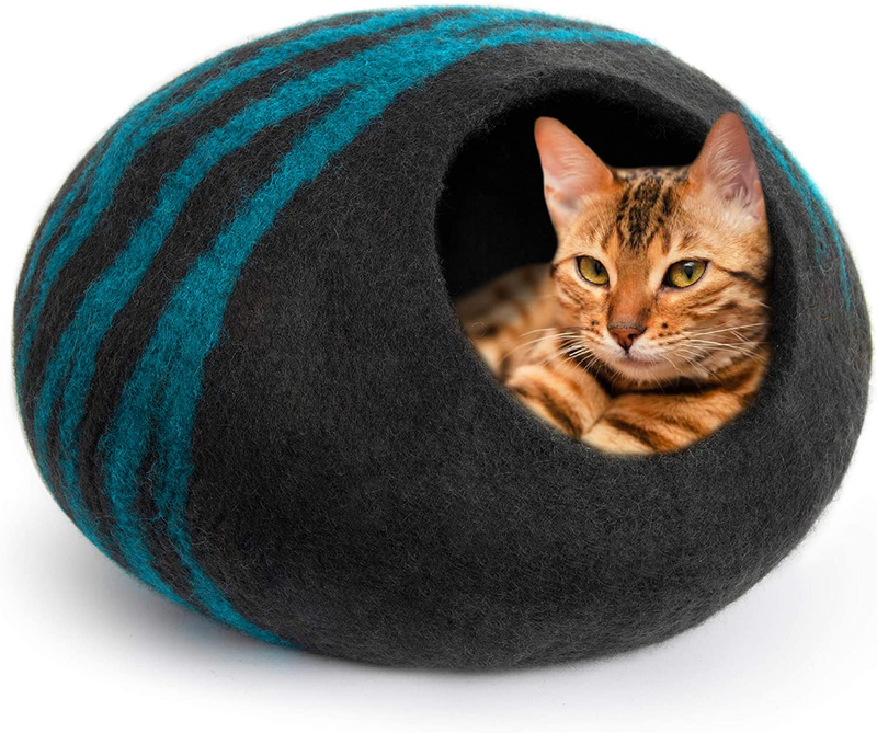 MEOWFIA Premium Felt Cat Bed Cave (Medium) - Handmade 100% Merino Wool Bed for Cats and Kittens (Black/Aqua/Medium) Animals & Pet Supplies > Pet Supplies > Cat Supplies > Cat Beds MEOWFIA Black/Aqua  