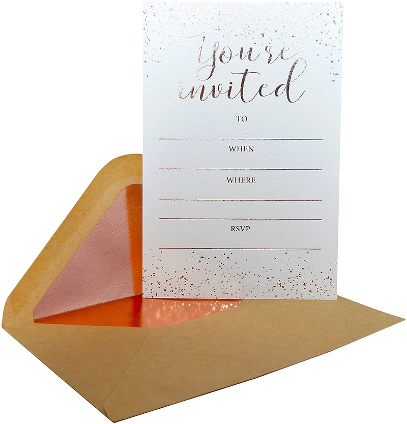 Invitation Cards - 24-Count 4" x 6" White Invitation Cards ‘’You Are Invited’’ in Rose Gold Foil Lettering with 26 Foil Kraft Envelopes – For Wedding, Bridal Shower, Baby Shower, Birthday Invitations Arts & Entertainment > Party & Celebration > Party Supplies > Invitations Chriz.Z   