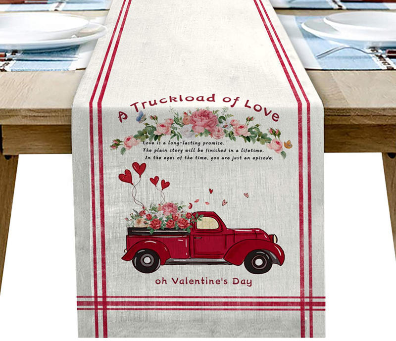 Coffee Table Runner Valentine'S Day a Truck Load of Love Burlap Table Runner for Farmhouse Home Kitchen Décor Crafts for Family Dinner, Parties& Gathering 13X90Inch Home & Garden > Decor > Seasonal & Holiday Decorations Libaoge 16x72in  