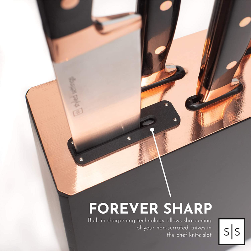 Copper Knife Set , A Knife Set with Sharpener Built-In , Upright 7-Piece Rose Gold Knife Set - Self Sharpening Knife Set With Block, Rose Gold Kitchen Accessories