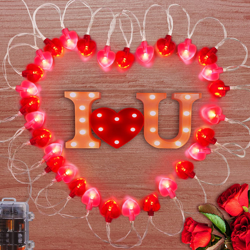 Mosoan 10FT 30 Leds Valentine'S Day Decor String Lights, 8 Light Modes Heart Lights Battery Operated, Valentines Day Decoration Lights for Bedroom Home Party Wedding Indoor Outdoor (Red Pink)