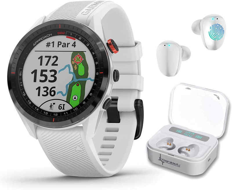 Garmin Approach S62 Premium GPS White Golf Watch with Wearable4U White Earbuds with Charging Power Bank Case Bundle Sporting Goods > Outdoor Recreation > Winter Sports & Activities Wearable4U White Watch + White EarBuds  