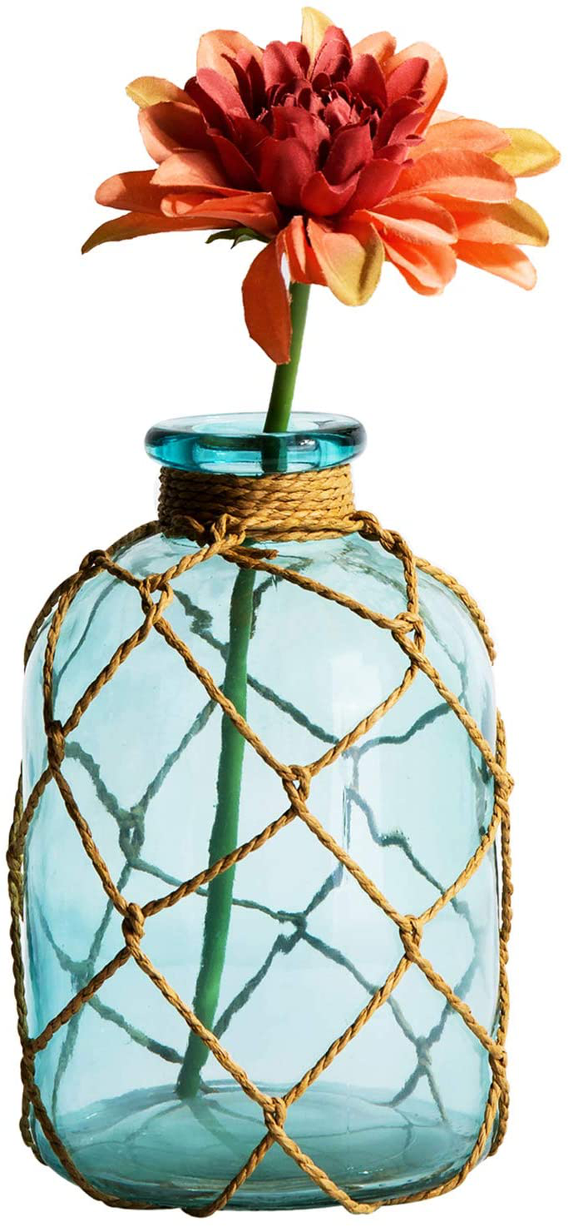 Diamond Star Rustic Glass Bottle Vase Decorative Blue Flower Vase with Creative Rope Net (Large) Home & Garden > Decor > Vases Diamond Star Small  