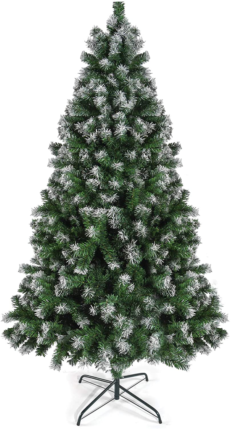 Prextex 6 Feet Premium Artificial Spruce Hinged Christmas Tree with 1200 Snow White Tips Lightweight and Easy to Assemble with Christmas Tree Metal Stand