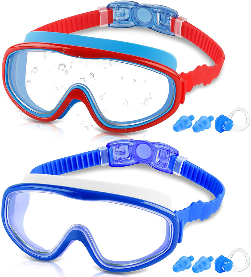 COOLOO Kids Goggles for Swimming for Age 3-15, 2 Pack Kids Swim Goggles with nose cover, No Leaking, Anti-Fog, Waterproof Sporting Goods > Outdoor Recreation > Boating & Water Sports > Swimming > Swim Goggles & Masks COOLOO G. Blue+red  