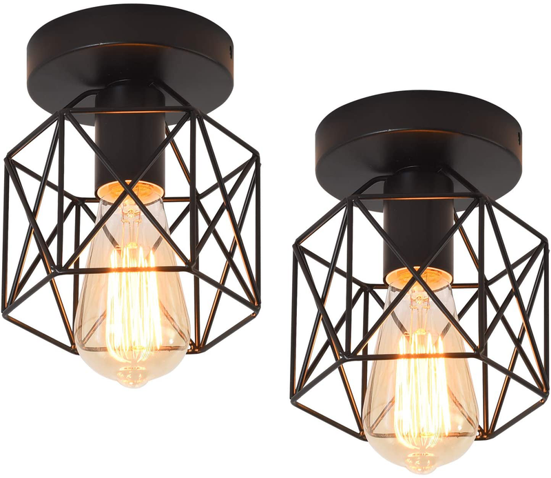Qcyuui Industrial Ceiling Light, Semi Flush Mount Ceiling Lamp Fixture with E26 Base, Farmhouse Metal Rustic Black Cage Pendant for Porch Stairway Kitchen Lighting (2 Pack) Home & Garden > Lighting > Lighting Fixtures > Ceiling Light Fixtures KOL DEALS   