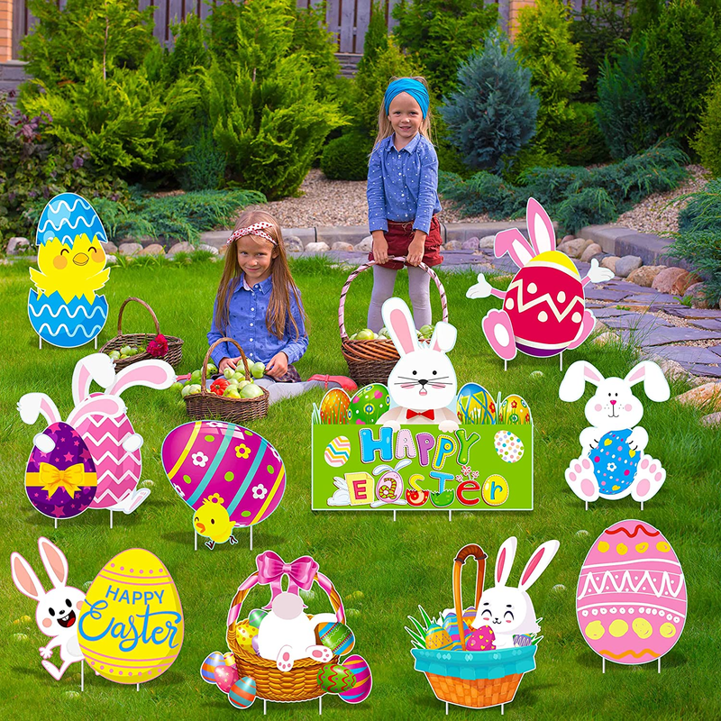 Durony 10 Pieces Outdoor Easter Yard Decorations Happy Easter Yard Signs with Stakes Waterproof Easter Rabbit Eggs Chick Yard Signs Colorful Lawn Decorations for Easter Party Supplies