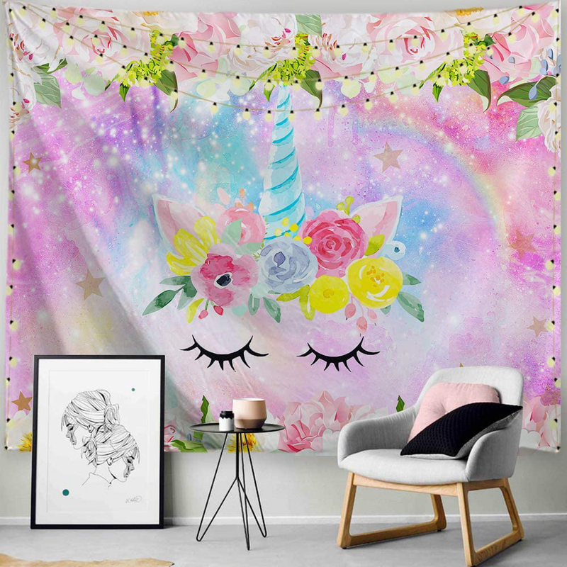 PROCIDA Unicorn Tapestry Pink Floral Sparkling Glitter Unicorn Head Rainbow Flowers Backdrop for Girls Bedroom College Dorm Decor with Nails 80" W x 60" L Home & Garden > Decor > Artwork > Decorative Tapestries PROCIDA 80"W x 60"L  