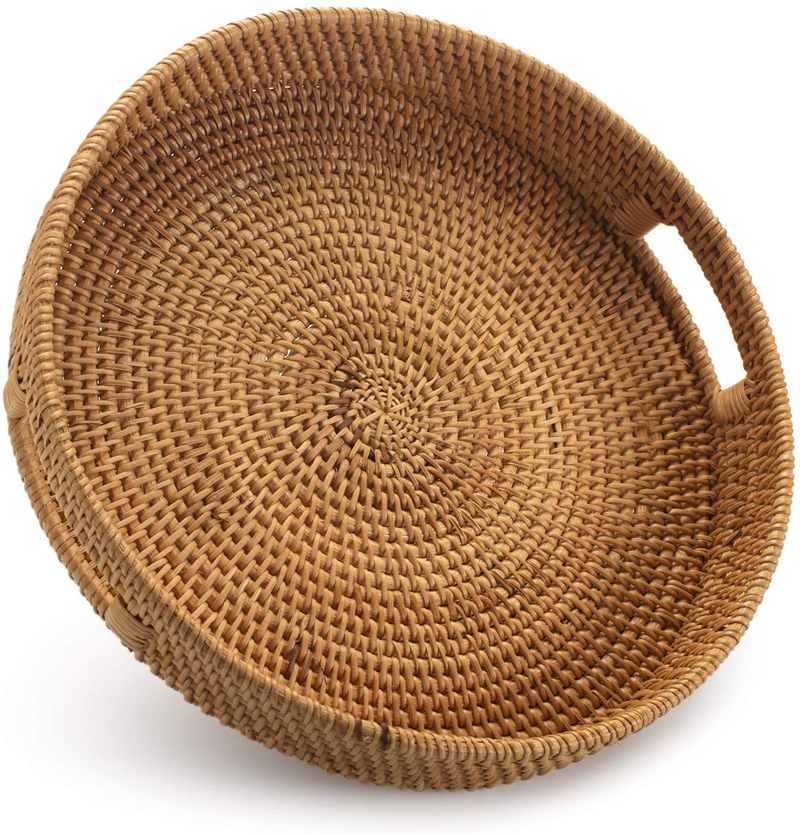 Coffee Table Tray Round Rattan Ottoman Tray Woven Serving Trays with Handles for Home and Kitchen Decorative Natural（Large 14 inch x 2.8 inch） Home & Garden > Decor > Decorative Trays DECRAFTS 11.8 inch x 2.4 inch  