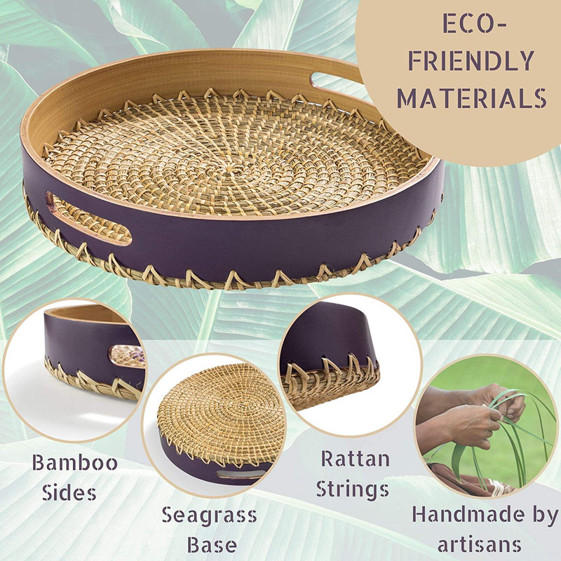 KAMEL BINKY Round Serving Tray | Bamboo Seagrass Rattan | Wicker Woven | Decorative for Coffee Table Ottoman | Built-in Handles | 13.8 inch x 2 inch | Violet Natural Rattan Strings