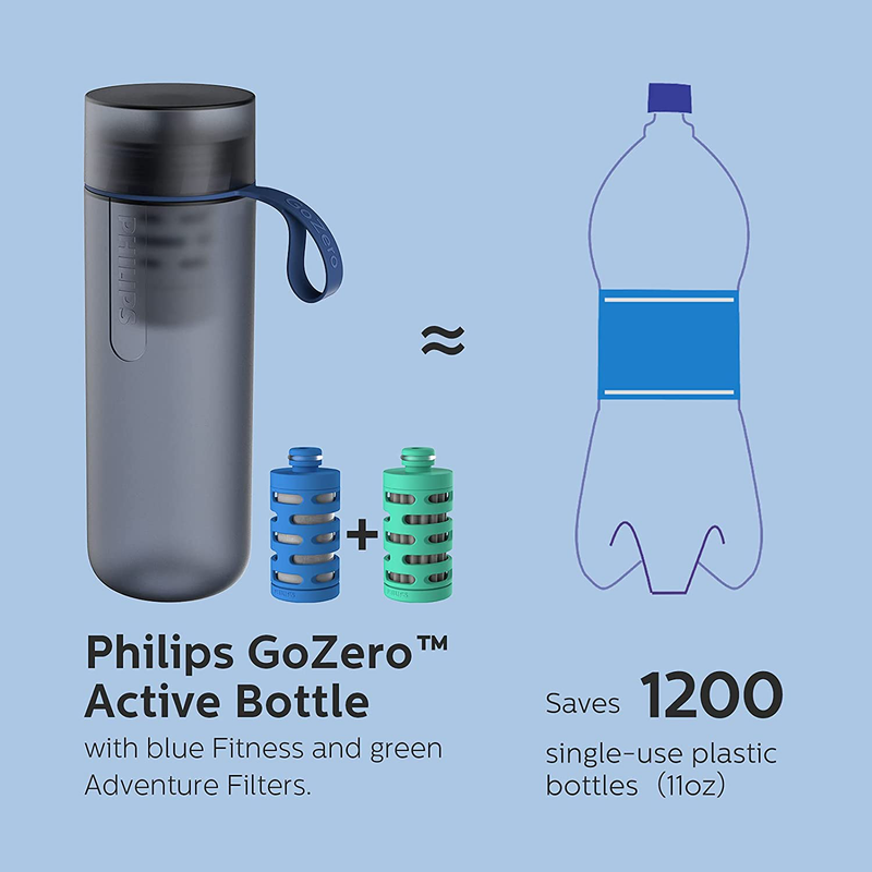 Philips Water GoZero Active Water Bottle with Filter 20 oz Sport Squeeze Water Bottle, BPA-Free Lightweight, Running Hiking Camping Football filtering Tap / River/ Lake Water Blue (AWP2723BLO/37)