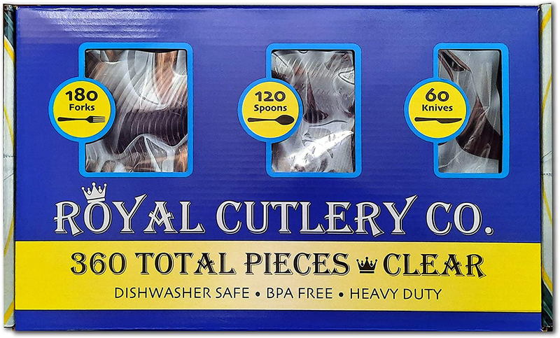 ROYAL CUTLERY CO. Disposable Cutlery set, Color: Clear, 360 Pieces, Heavy Duty Plastic Utensil Set, 180 Forks, 120 Spoons, 60 Knives.