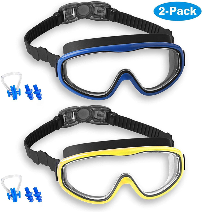 COOLOO Kids Goggles for Swimming for Age 3-15, 2 Pack Kids Swim Goggles with nose cover, No Leaking, Anti-Fog, Waterproof Sporting Goods > Outdoor Recreation > Boating & Water Sports > Swimming > Swim Goggles & Masks COOLOO E. Blackblue+blackyellow  