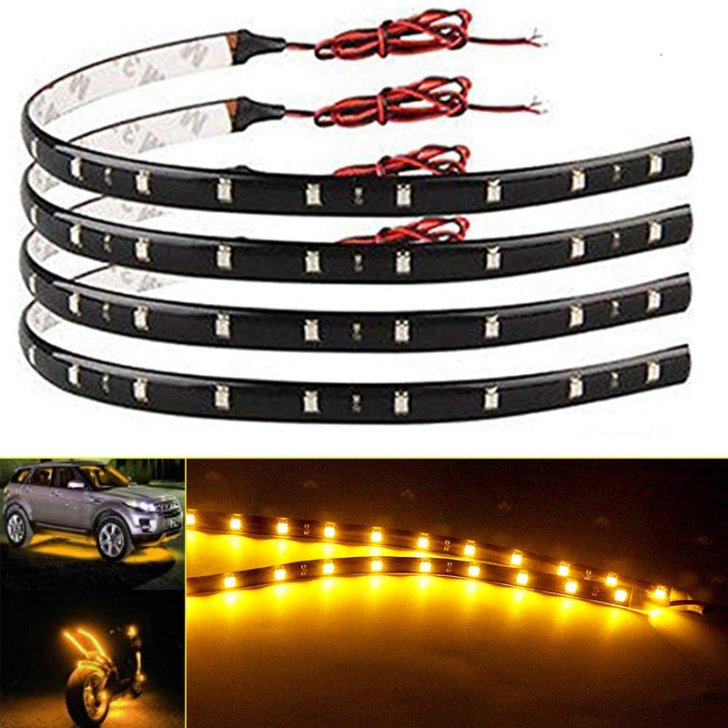 EverBright 4-Pack Red 30CM 5050 12-SMD DC 12V Flexible LED Strip Light Waterproof Car Motorcycles Decoration Light Interior Exterior Bulbs Vehicle DRL Day Running with Built-in 3M Tape  YM E-Bright Amber  