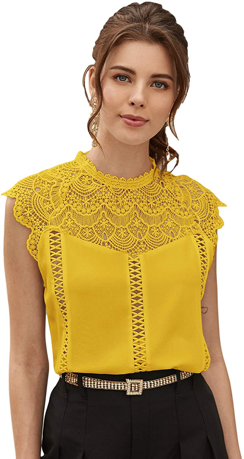 SheIn Women's Elegant Cap Sleeve Keyhole Contrast Lace Blouses Tops Arts & Entertainment > Hobbies & Creative Arts > Arts & Crafts SheIn Mustard Yellow X-Large 