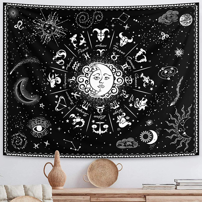 Funeon Sun and Moon Zodiac Tapestry Wall Hanging Black and White Constellation Tapestry Astrology for Bedroom Witchy Tapestries Indie Room Decor Teen Girl Small Dorm College Tapestry 51x60inch Home & Garden > Decor > Artwork > Decorative Tapestries Funeon Zodiac X-Small 36''x48'' 