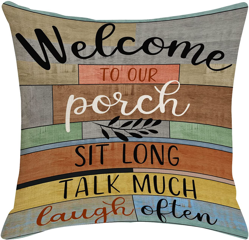 Jartinle Decorative Pillow Covers Porch Rules Sign Outdoor Farmhouse Throw Pillow Covers, Square Linen Patio Cushion Cases for Couch Bench Seat Chair Car 18X18 Inch (2)