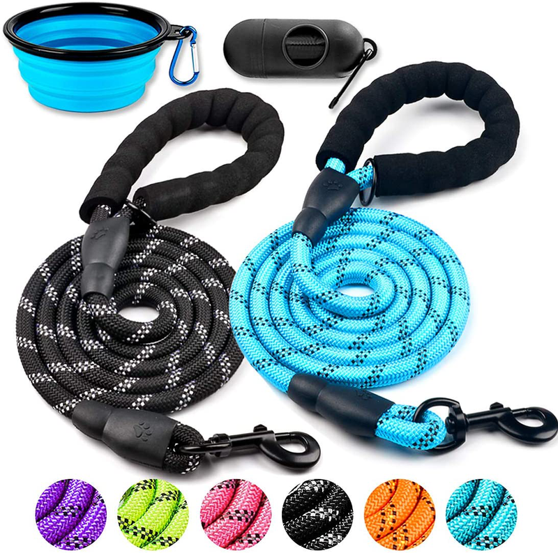 COOYOO 2 Pack Dog Leash 5 FT Heavy Duty - Comfortable Padded Handle - Reflective Dog Leash for Medium Large Dogs with Collapsible Pet Bowl Animals & Pet Supplies > Pet Supplies > Dog Supplies COOYOO Set 2-Black+Blue 0.3in. x 5ft.(for dogs weight 0-18lbs.) 