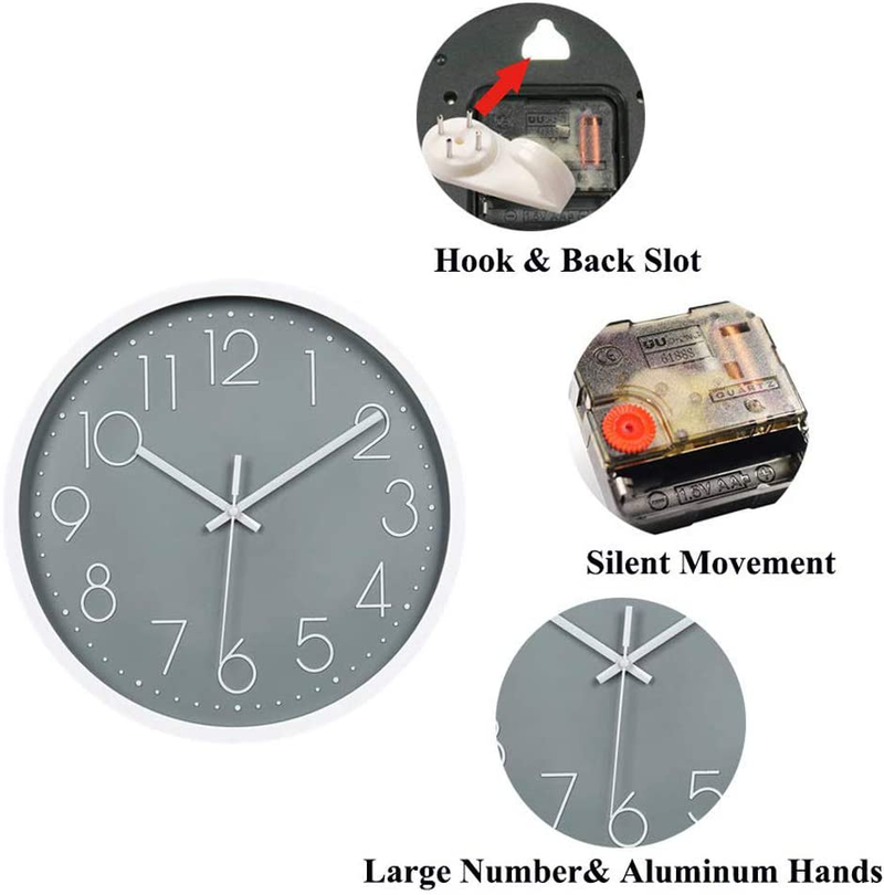 Topkey Wall Clock 12" Silent Non Ticking Modern Clock Round Decorative Wall Clock for Living Room, Bedroom, Kitchen (Battery Not Included) Grey Home & Garden > Decor > Clocks > Wall Clocks Topkey   