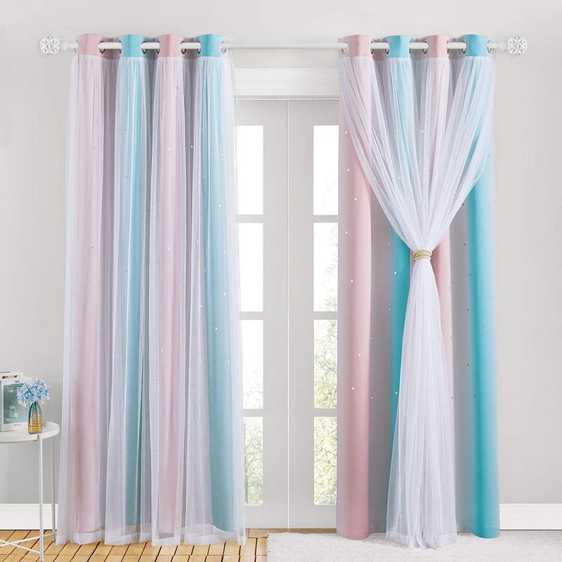 NICETOWN Kids Room Decor for Girls, White Gauze & Blackout Drapes Assembled, Mix & Match Star Cut Curtain Panels with Versatile Styling Options (Teal & Purple, Each is W52 x L84, Sold by 2 PCs)