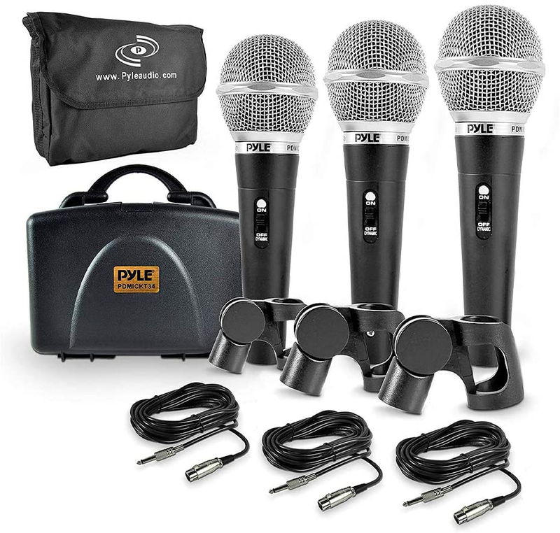 Pyle 3 Piece Professional Dynamic Microphone Kit Cardioid Unidirectional Vocal Handheld MIC with Hard Carry Case & Bag, Holder/Clip & 26ft XLR Audio Cable to 1/4'' Audio Connection (PDMICKT34)