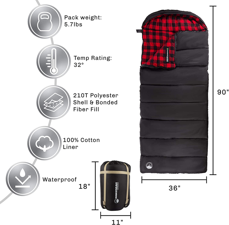 Sleeping Bag Collection – 32F Rated XL 3 Season Envelope Style with Hood for Outdoor Camping, Backpacking and Hiking with Carry Bag by Wakeman Outdoors Sporting Goods > Outdoor Recreation > Camping & Hiking > Sleeping Bags Wakeman   