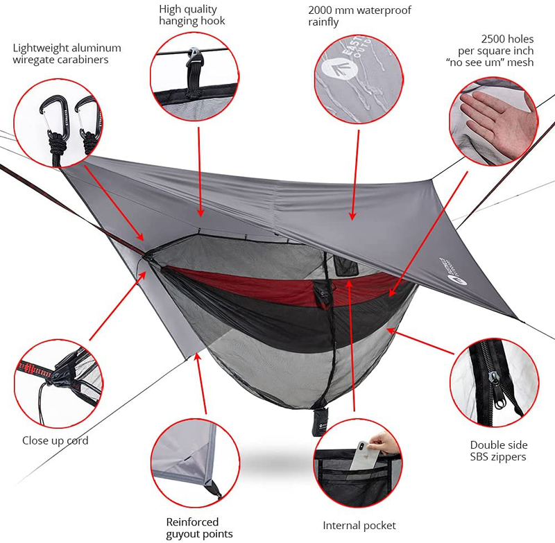 Easthills Outdoors Jungle Explorer 118" X 79" Double Camping Hammock with Separated Mosquito Bug Net and Waterproof Rainfly 2 Person Portable Durable Parachute Nylon Hammocks Red