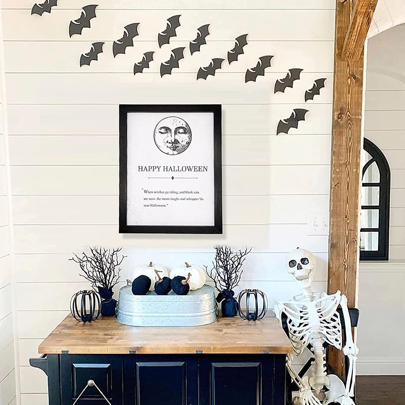 Happy Halloween Farmhouse Wall Sign | Black Wooden Frame 14''x11'' with Terrifying Moon Print | Vintage Halloween Decorations Indoor | Halloween Decor for Home