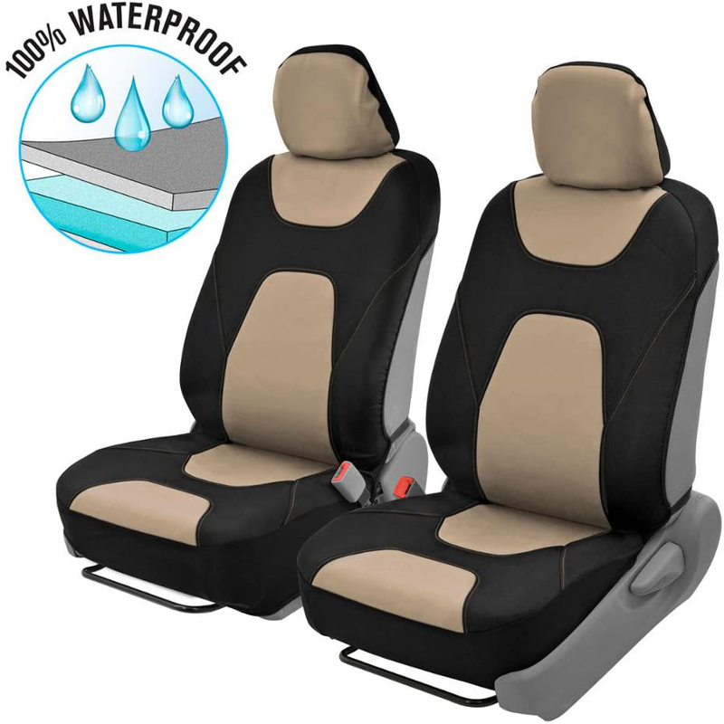Motor Trend AquaShield Car Seat Covers for Front Seats, Beige – 3 Layer Waterproof Seat Covers, Neoprene Material with Modern Sideless Design, Universal Fit for Auto Truck Van SUV Vehicles & Parts > Vehicle Parts & Accessories > Motor Vehicle Parts > Motor Vehicle Seating Motor Trend Black & Beige  