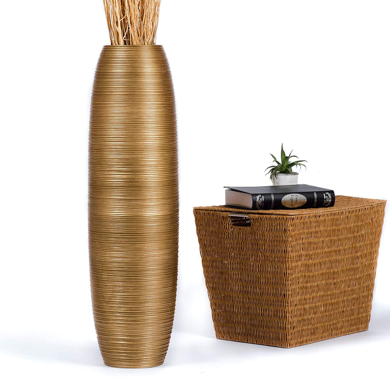 LEEWADEE Large Floor Vase – Handmade Flower Holder Made of Wood, Sophisticated Vessel for Decorative Branches and Dried Flowers, 30 inches, White wash Home & Garden > Decor > Vases LEEWADEE Gold 36 inches 