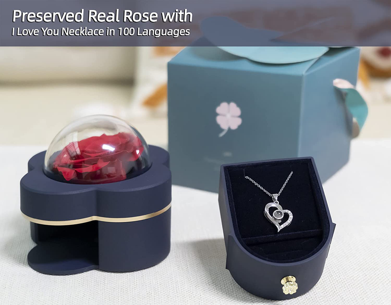 Preserved Red Real Rose Four-Leaf Grass Eternal with I Love You Necklace in 100 Languages -Rose Flower Gifts for Mom Girlfriend Her on Mothers Day Valentines Day Anniversary Birthday Gifts for Women