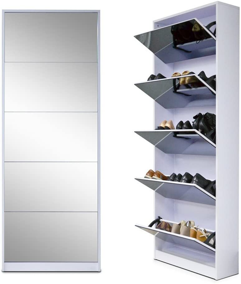 Organizedlife White Wooden Shoe Cabinet Mirror Shoe Organizer with with 5 Racks