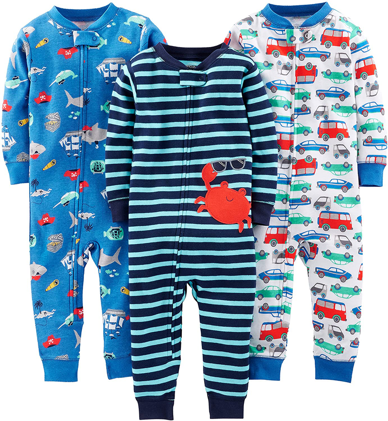 Simple Joys by Carter's Baby Boys' 3-Pack Snug Fit Footless Cotton Pajamas Apparel & Accessories > Costumes & Accessories > Costumes Simple Joys by Carter's Blue/Teal Blue/White, Cars/Crab 2T 