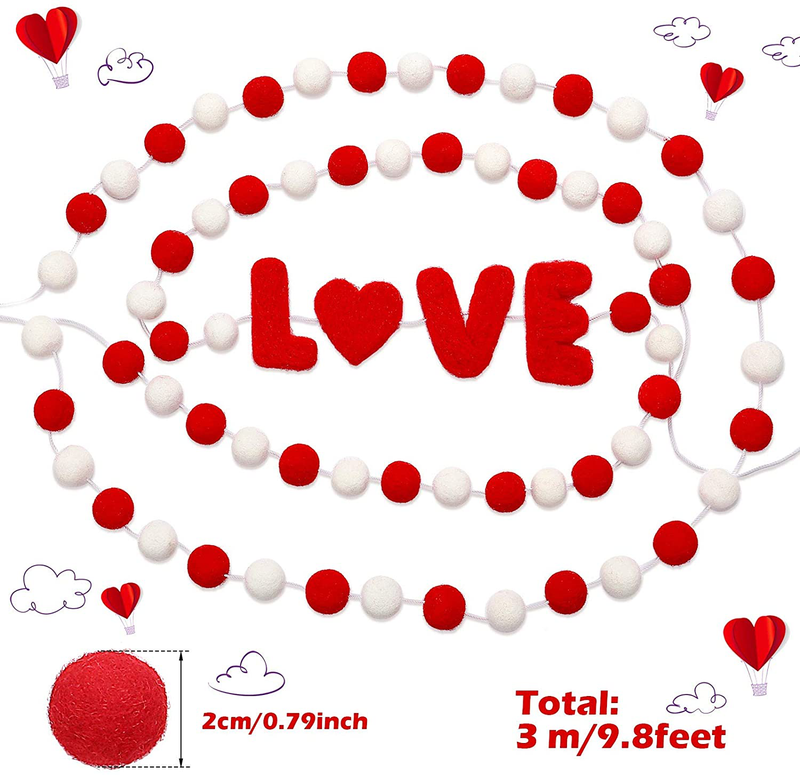 Tatuo 2 Pieces Valentine'S Day Felt Ball Garlands and Love Garland Colorful Ball and Heart Hanging Garland Felt Pom Pom Ball Heart Banners for Party Home Decoration