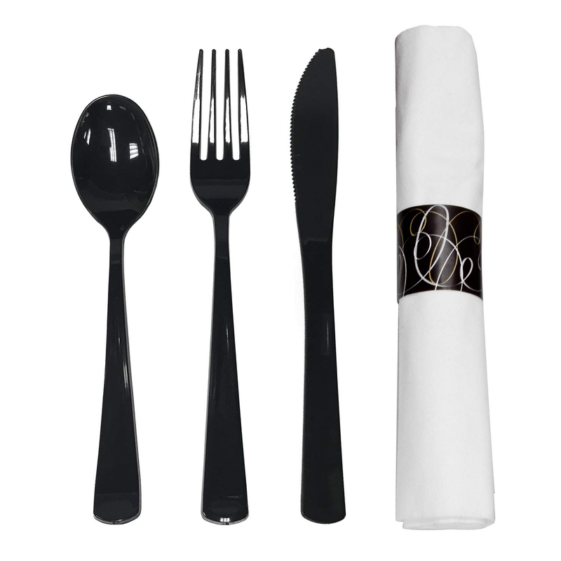 Party Essentials N501732-4 Pre-Rolled Disposable Extra Heavy Duty Plastic Cutlery Kit with Black Fork/Knife/Spoon and 3-Ply White Napkin (Case of 100 Rolls) Home & Garden > Kitchen & Dining > Tableware > Flatware > Flatware Sets Party Essentials Black 100 