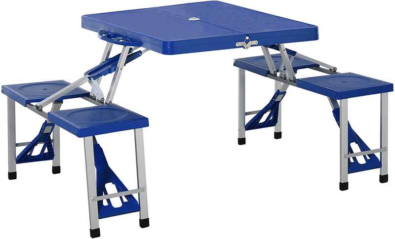 Outsunny Portable Foldable Camping Picnic Table Set with Four Chairs and Umbrella Hole, 4-Seats Aluminum Fold up Travel Picnic Table, Blue Sporting Goods > Outdoor Recreation > Camping & Hiking > Camp Furniture Outsunny Blue  