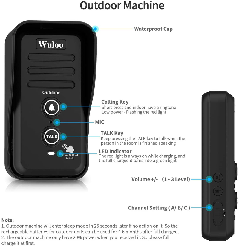 Wuloo Wireless Intercom Doorbells for Home Classroom, Intercomunicador Waterproof Electronic Doorbell Chime with 1/2 Mile Range 3 Volume Levels Rechargeable Battery Including Mute Mode(Black, 1&2) Electronics > Communications > Intercoms Wuloo   