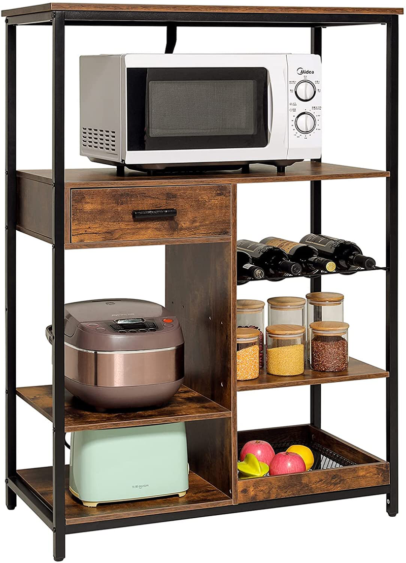 IWELL Microwave Oven Stand, Coffee Bar Table with Wine Rack & Drawer, Industrial Kitchen Baker'S Rack with Storage, Utility Storage Shelf for Spice Rack Organizer Workstation, Brown Home & Garden > Kitchen & Dining > Food Storage Iwell   