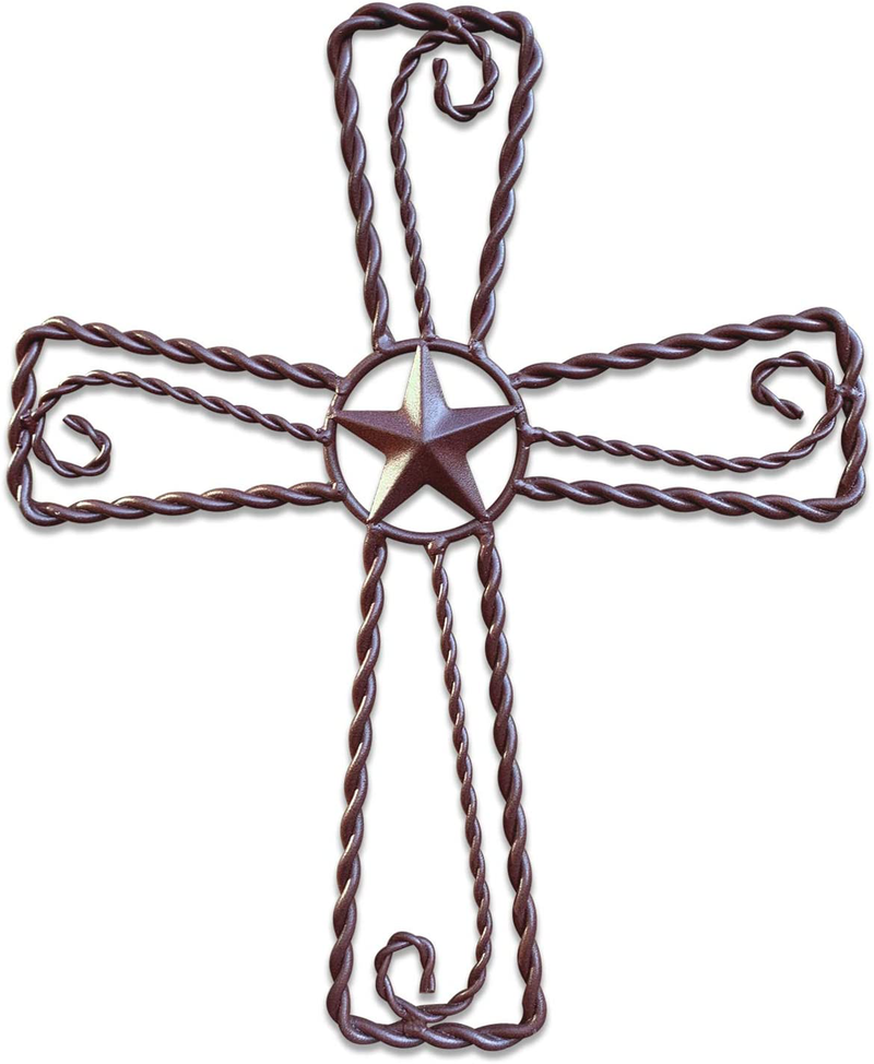 Metal Cross Wall Décor – Rustic Iron Home Art Decorations, Large Texas Country Western Scroll Barn Star Decoration for Living Room or Outdoor, Vintage Hanging Crosses and Stars (Brown, 15"x12.5" (SM))