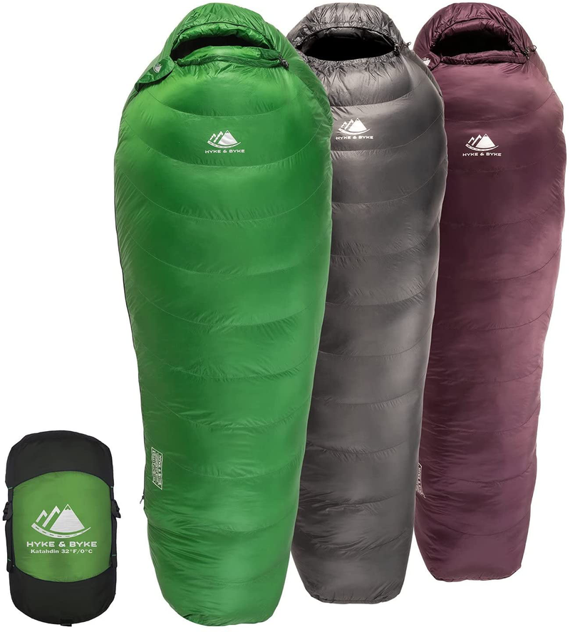 Hyke & Byke Katahdin 32F 15 0F 625 Fill Power Hydrophobic Sleeping Bag with Advanced Synthetic - Ultra Lightweight 4 Season Men and Women Mummy Bag Designed for Backpacking