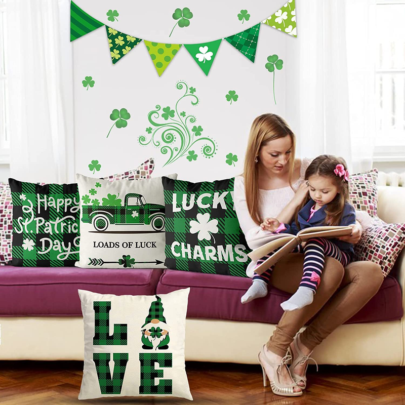St Patricks Day Decorations, St Patricks Day Pillow Covers 18X18 Set of 4, St Patricks Day Decor for Home Green Clover Buffalo Plaid Check Lucky Charms Throw Pillows Decorative Cushion Case Sofa Couch Arts & Entertainment > Party & Celebration > Party Supplies Wareon   