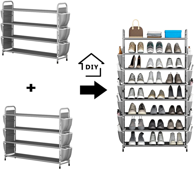 LINZINAR Shoe Rack 4 Tier Space Saving Small Shoe Organizer Stackable Metal Shoe Storage Shelf with Double Row Side Pockets for Closet Entryway Bedroom (4 Tier, Grey) Furniture > Cabinets & Storage > Armoires & Wardrobes LINZINAR   